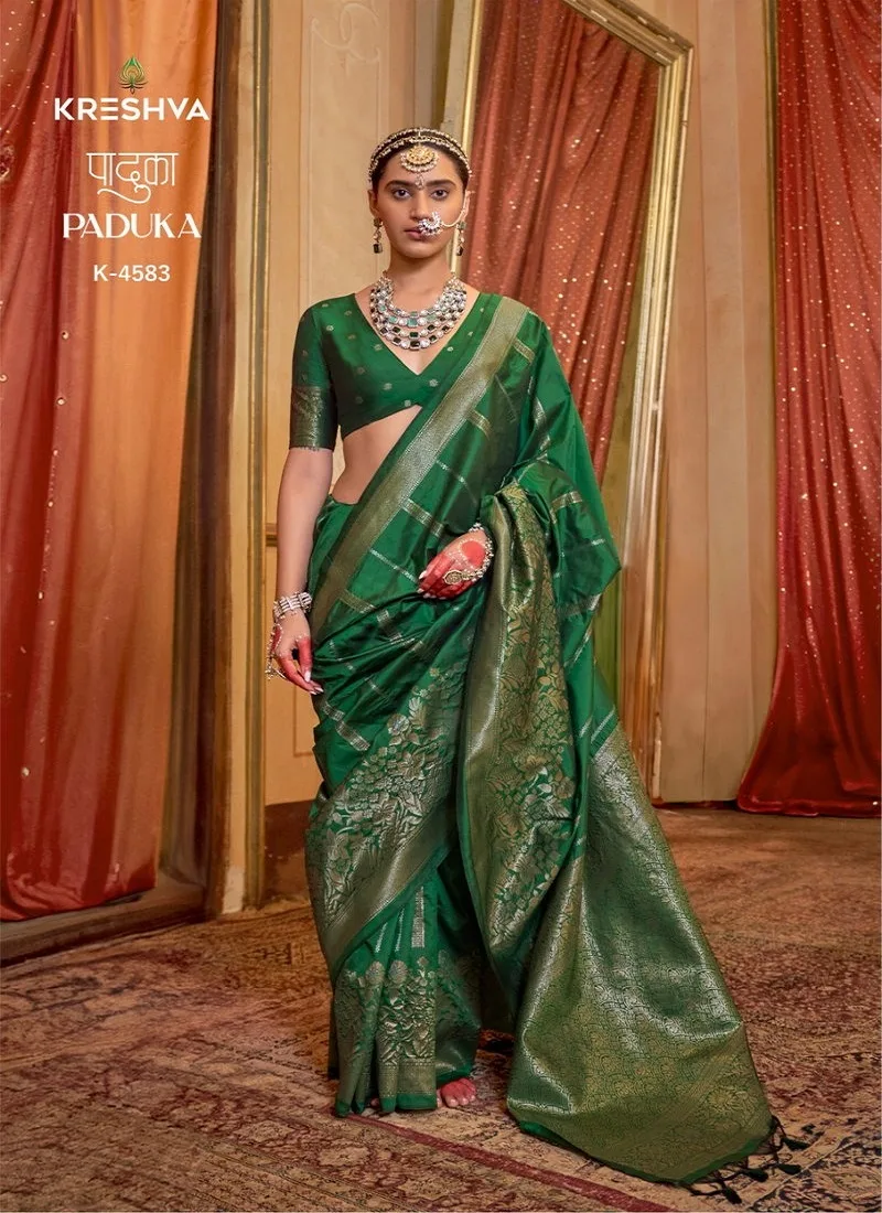 Green Colour Paduka By Kreshva Spanish Silk Surat Occasion Wear Saree K 4583